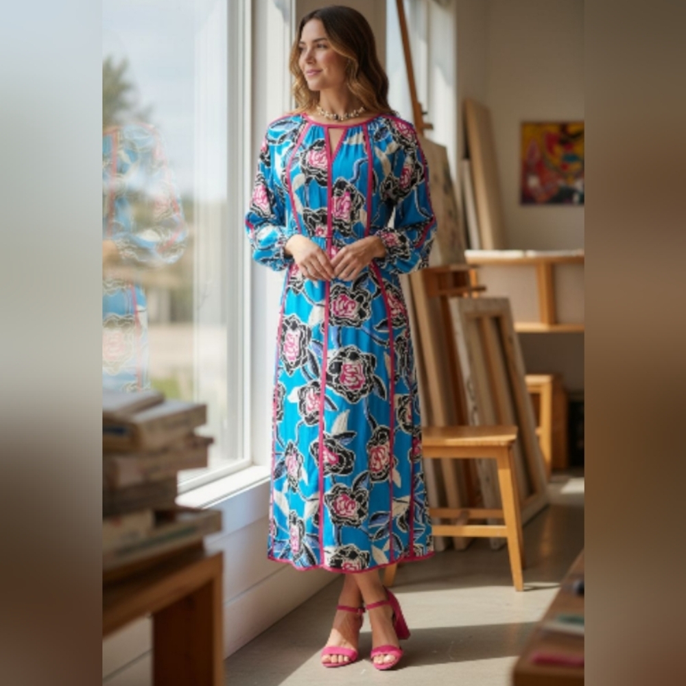 Diane Von Furstenberg Scott Floral Blue and Pink Maxi Dress Size Large